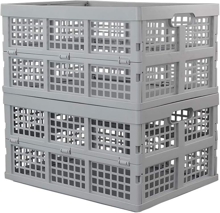 Hespama 35 Quart Folding Crates, Blue Collapsible Milk Crate Basket, 2 Pack