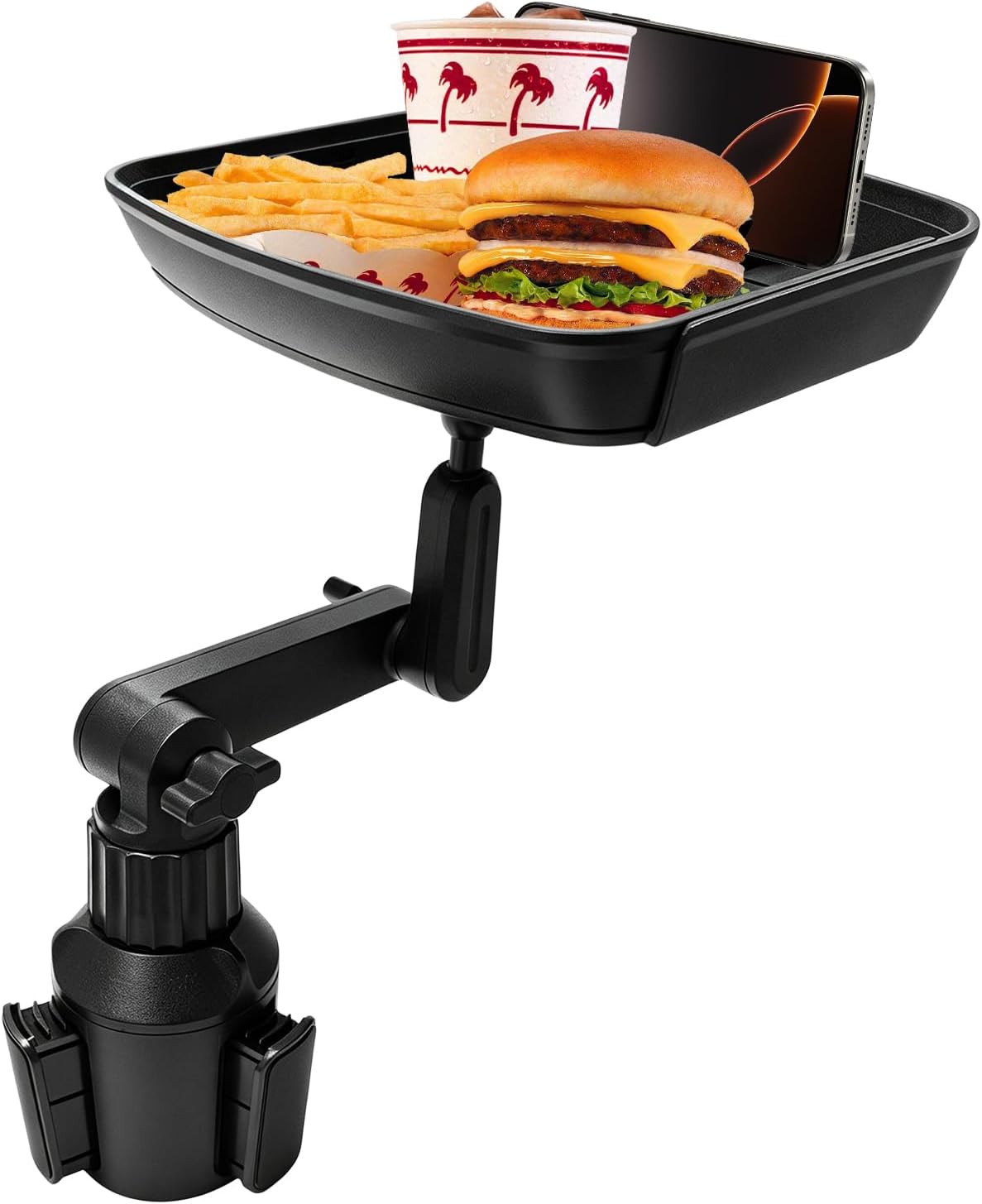 Larger Cup Holder Tray, 360° Rotating Expandable Car Food Tray Table with Phone Slot, Multifunctional Car Cup Holder Expander Road Trip Essentials for Eating & Storage