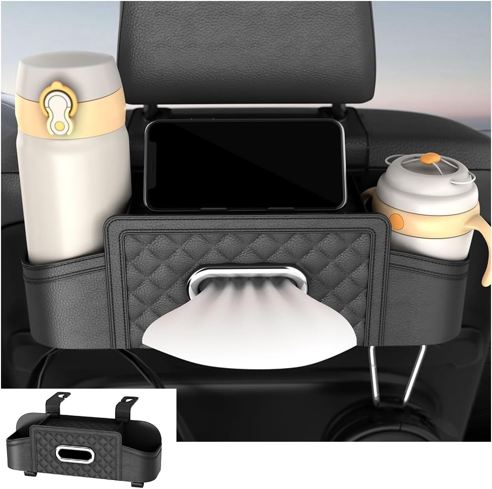 Mandark Headrest-Mounted Backseat Organizer with Cup Holders, Wine Red