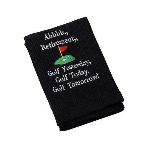 LEVLO Ahhhh Retirement Golf Yesterday Golf Today Golf Tomorrow Embroidered Golf Towel with Clip Golf Gift for Men/Women (Ahhhh Retirement-Black)