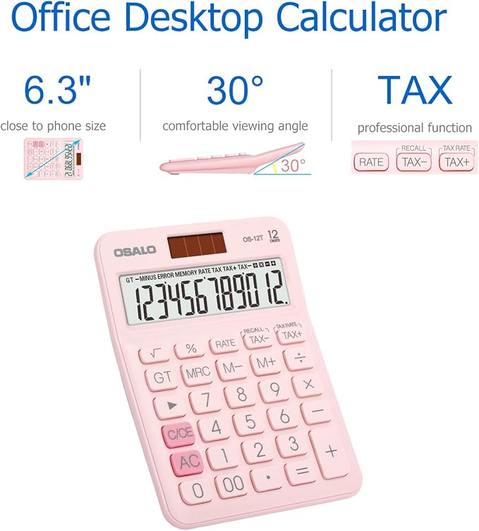 Pocket Small Size Desk Calculator, 12 Digit Large LCD Display, Basic Tax