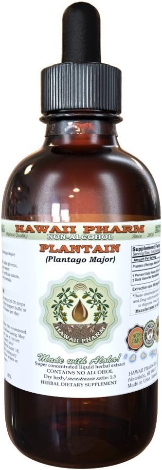 Plantain Alcohol-Free Liquid Extract, Organic Plantain (Plantago Major) Dried Leaf Glycerite Natural Herbal Supplement, Hawaii Pharm, USA 2 fl.oz
