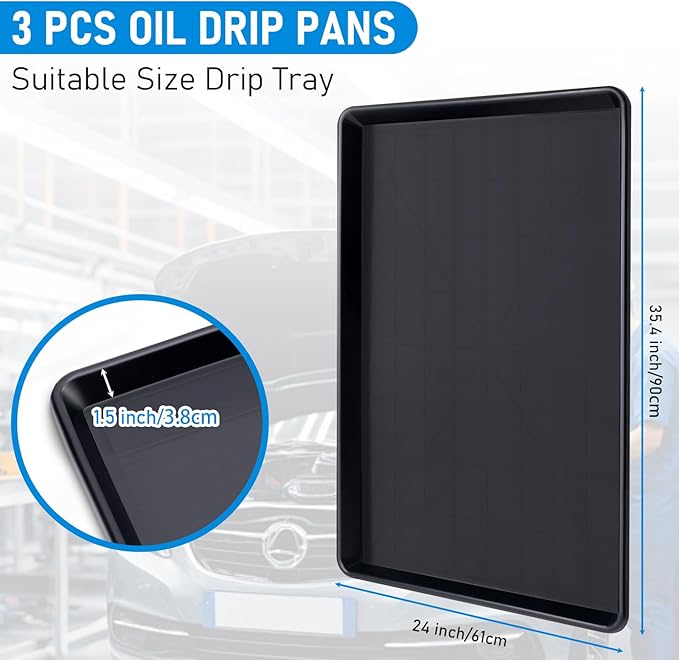 3 Pcs Extra Large Oil Drip Pan – 35.4 x 24 x 1.5 Inch, Auto Oil Change Drain Tray, Heavy Duty Plastic Drip Tray for Cars, Trucks, Washing Machines & More + Oil Spill Catcher with 2 Pairs of Gloves
