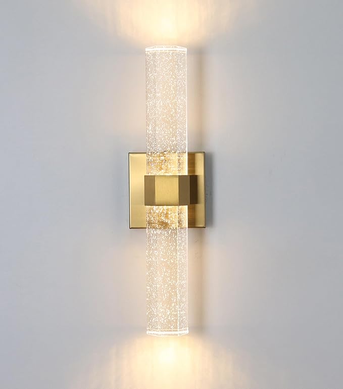 HOLKIRT Gold Bath Vanity Light Crystal Wall Sconce Light 15.7" Modern LED Vanity Wall Light Over Mirror with Seeded Crystal Rods 3000K/4000K/6500K Indoor Wall Lamp for Bathroom Bedroom Hallway