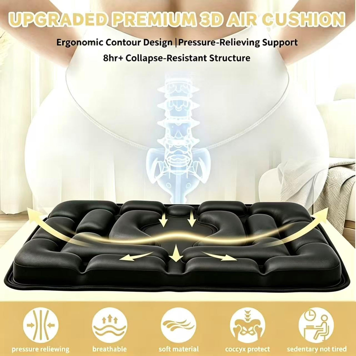 Sondor Inflatable Travel Seat Cushion, Ergonomic Cutout for Long Sitting | Press-to-Inflate Cushion for Airplane, Car, Office & Wheelchair; Hollow Cutout boosts airflow & eases hip pressure
