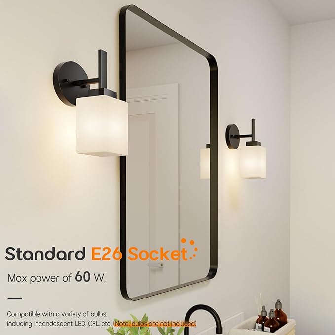 Wall Light Fixture Black Vanity Lighting Over Bathroom Mirror with White Frosted Glass, Wall Lamp for Hallway Washroom Porch Entrance T002MB-L1