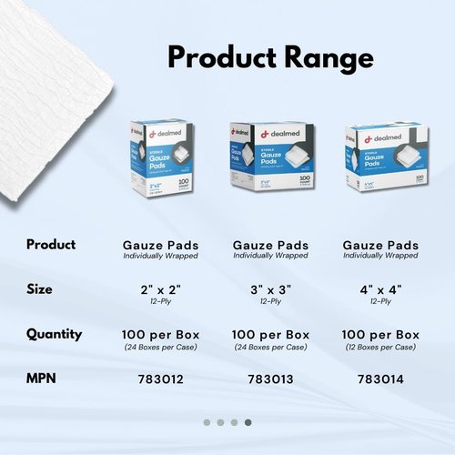 Dealmed Sterile Gauze Pads - 2" x 2" Disposable & Individually Wrapped (100 Count) for First Aid Kits