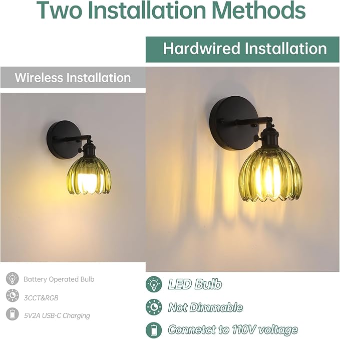 Vintage Wall Sconce with Green Tulip Glass Lampshade 180 Degree Adjustable Black Sconce Hradwired Modern Wall Lighting Fixture with Switch for Bedside Bedroom Doorway
