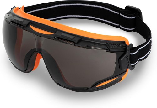 DEX FIT Safety Goggles - Wide-Vision Lab & Chemical Splash Eye Protection | Anti-Fog, Scratch Resistant, Black/Orange, Smoke Tinted Lens, Z87.1 Approved