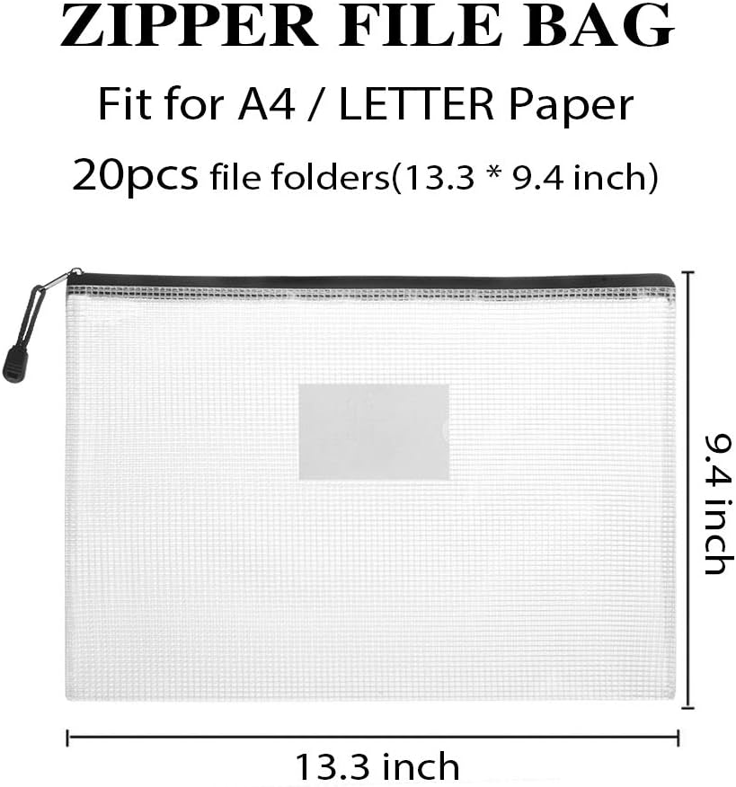 Sooez 20 Pack Mesh Zipper Pouch Bags, A4 Letter Size, Classroom Zipper Bags