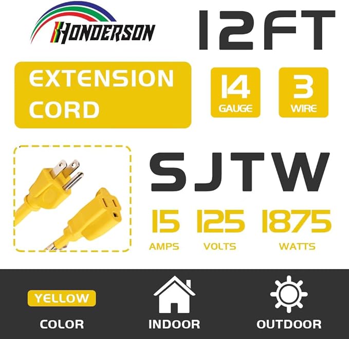 Indoor Outdoor Extension Cord Weatherproof, UL Certified, 14 Gauge 12FT Yellow 3 Prong Heavy Duty, 14/3 SJTW 15A Power Cord for Outdoor Lights, Appliances, Lawn