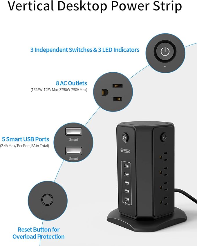 10ft Extension Cord Power Strip Tower, NTONPOWER Flat Plug Surge Protector with 8 Outlets 5 USB Desktop Charging Station, Individual Switches, 1080 Joules, 13A Circuit Breaker for Home Office, Black