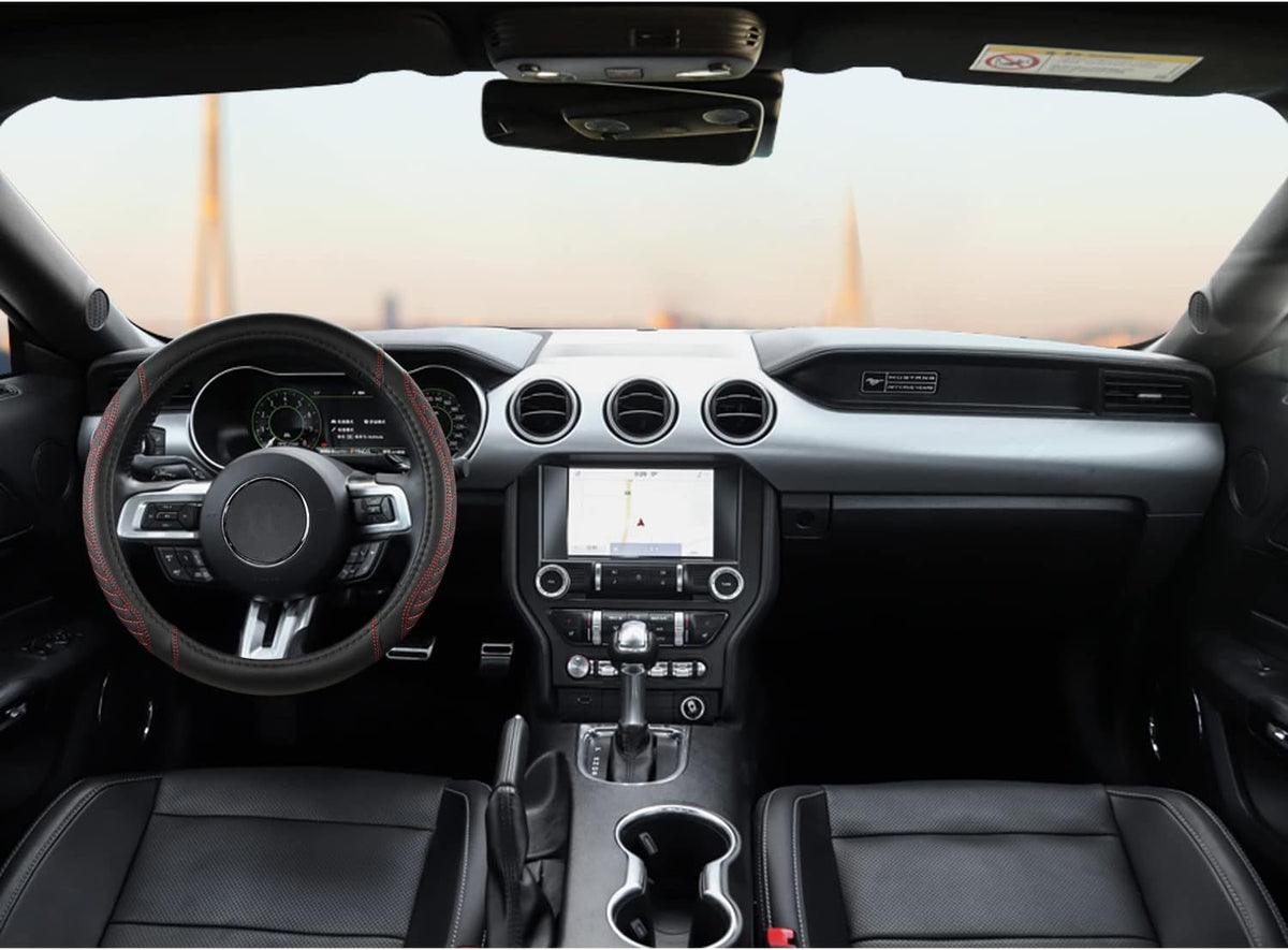 West Llama Car Steering Wheel Cover for Ford Escape,Explorer,Fusion,Focus,Bronco,Transit,Edge(Diamond Quilted - Black+Red- Standard Size)