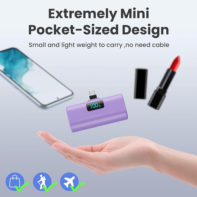 [2-Pack]Small Portable Charger 5200mAh, Upgraded PD USB C Power Bank Built-in USB-C Connector,LCD Display Battery Pack Compatible with iPhone 15/15 Plus/15 Pro/15 Pro Max/Samsung Android(Pink+Purple)