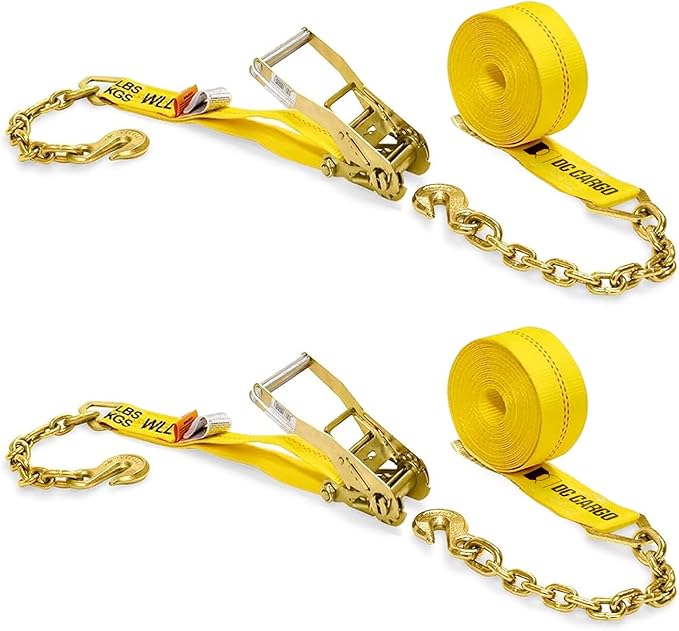 Two 2-in. X 27-Ft. Heavy-Duty Ratchet Straps with Chain Ends and Grab Hooks, 10,000 Lbs. Break Strength | Chain TieDowns By DC Cargo Mall