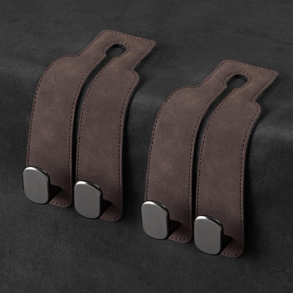 KINIVA Car Seat Headrest Storage Hooks, Set of 2, Suede PU Leather, Double Hooks (Grey-4 Pack)