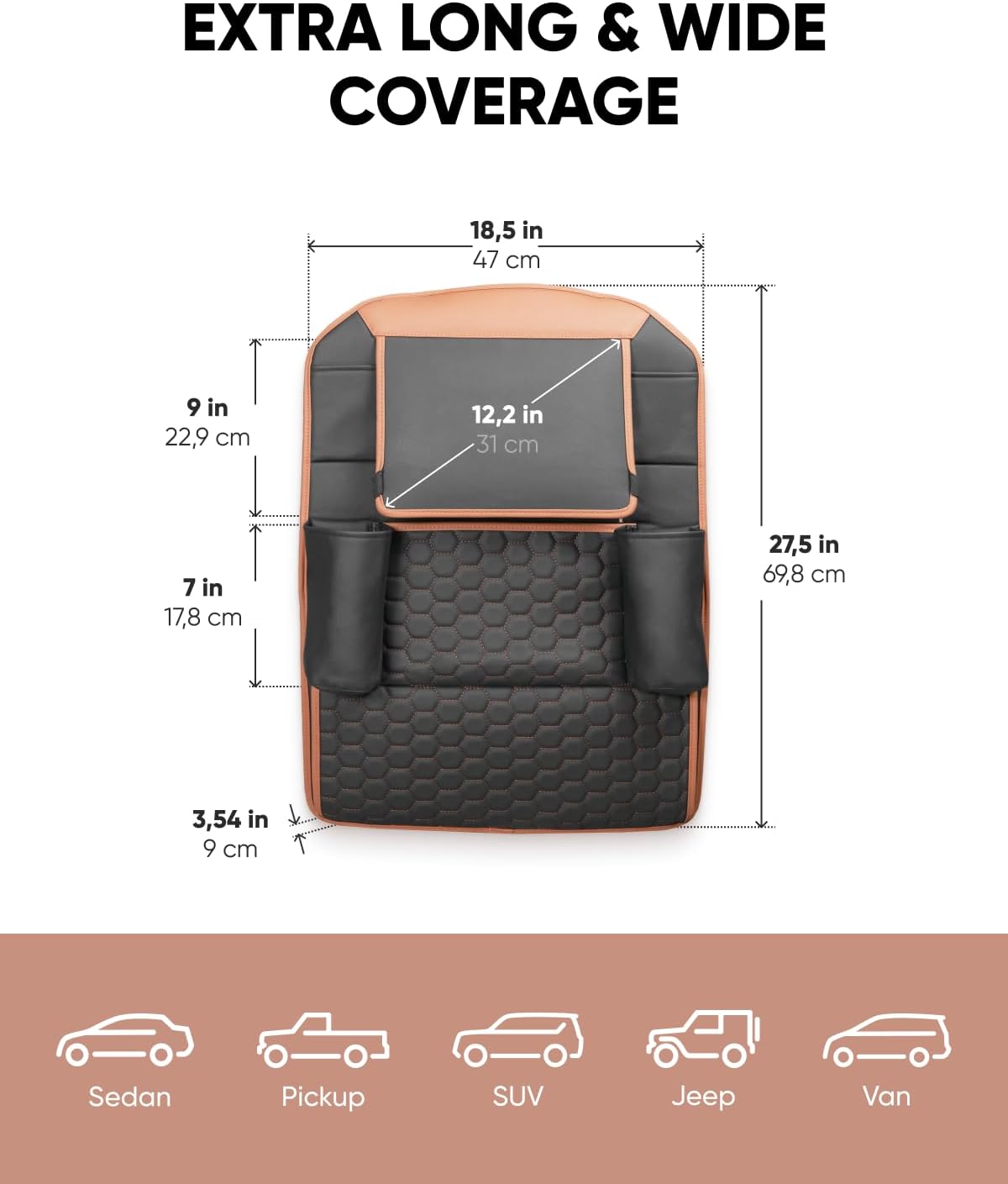 Owleys Back of Seat Organizer for Kids | Car Storage Caddy – 8 Pockets + Transparent Tablet Holder | Waterproof Eco-Leather | 27.5' x 18.5' | Brown+Black
