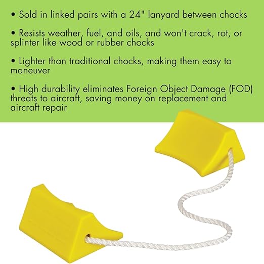Checkers 5.5" Airplane Chocks, Aviation Wheel Chocks for Small Aircraft, Roped Pair Tire Chock, Durable Lightweight Urethane, Yellow, AC201