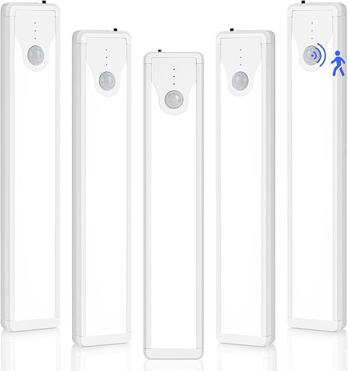 8 Inch Under Cabinet Lights, 41 LED Rechargeable Magnetic Motion Sensor Light Indoor, Brightness Dimmable 6000K Stepless Dimming Closet Light, for Under Counter, Kitchen, Stairs, Closet, 5 Packs