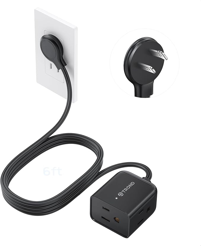 TROND Indoor 2 Prong to 3 Prong Extension Cord 6ft - Polarized Flat Plug for Behind Furniture, Small 3 Way Outlet Extender for Non-Grounded Socket in Old House Home Office Kitchen Travel, Black