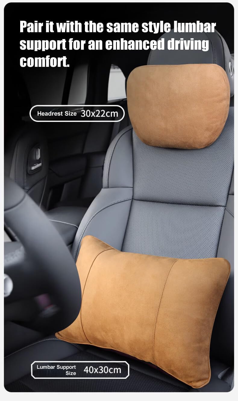 Car Neck & Lumbar Support Pillow Kit - 100% SUGENRO Sorona Bio-Fiber, Ergonomic 2PC Set, Highly Resilient & Breathable, Relieves Neck & Back Pain for Driving (Coffee Brown)