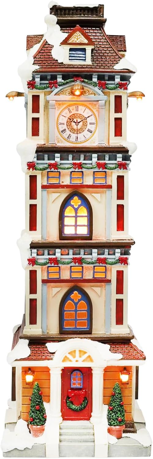 MOMENTS IN TIME Lighted Christmas Clock Tower 14.5” LED Hand-Painted Polyresin