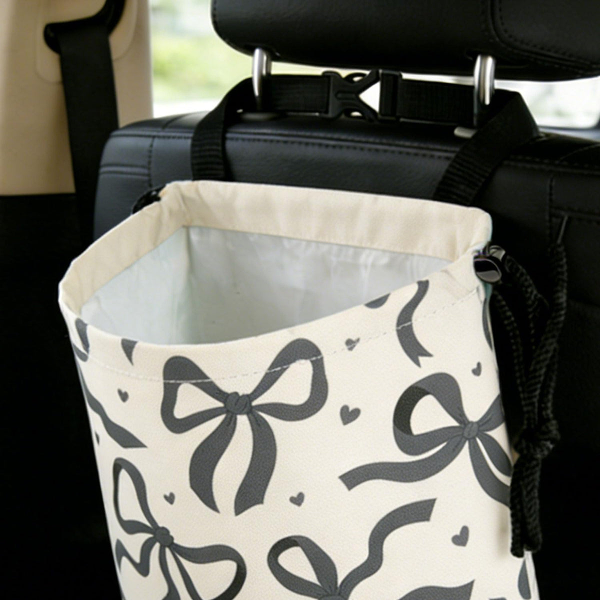 Black Bow Car Trash Bag - Waterproof Car Trash Bag Hanging Leakproof Car Garbage Bag - Washable Reusable Trash Bag for Car Interior Hanging Organizer Storage Vehicle Travelling Camping