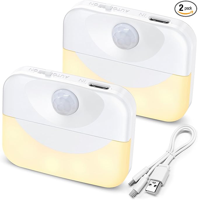 2 Pack Rechargeable Motion Sensor Stair Light for Indoor,Warm White LED Night Light,Wireless Stick on Anywhere Hallway Lamp,Motion Activated Lamps for Step, Cabinet, Hallway, Bathroom