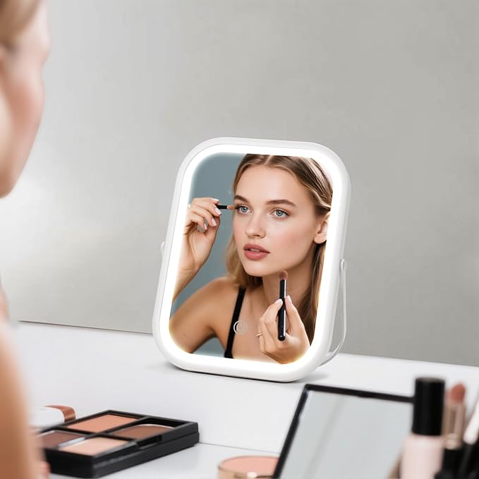 Vanity Mirror with Lights, 8"×6" LED Makeup Mirror Built-in 1500mAH Lithium Battery, 3-Color Lighting, Dimmable, Lighted Up for Makeup Desk (White)