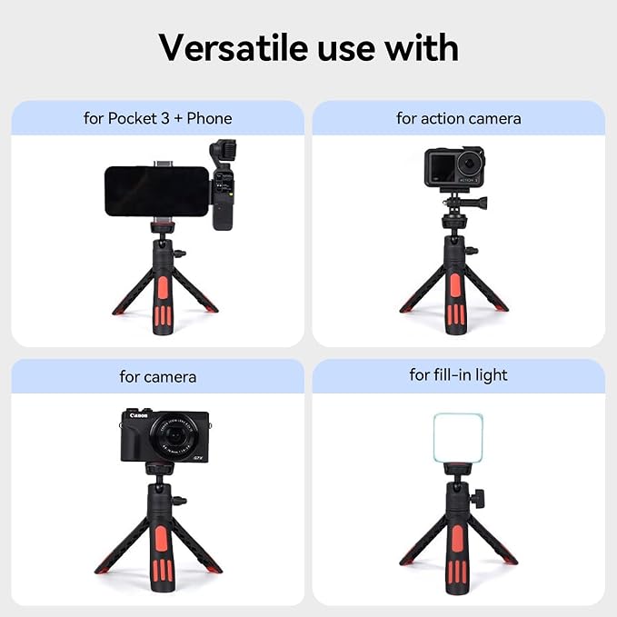 Lightweight Mini Tripod for Camera/Phone/Webcam & Selfie Stick, 360° Phone Clip