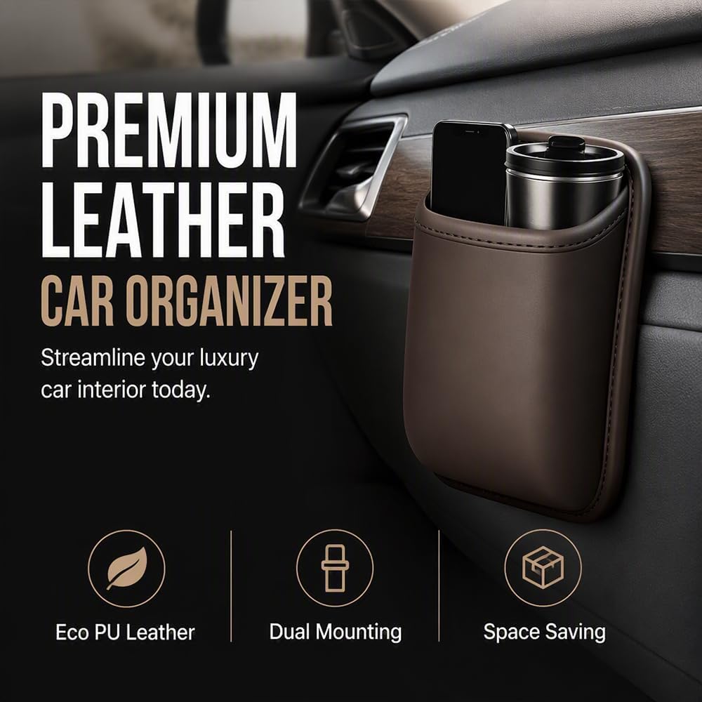 Leather Car Door Cup Holder Clip‑on Wide‑Mouth for Drinks & Phone, Red
