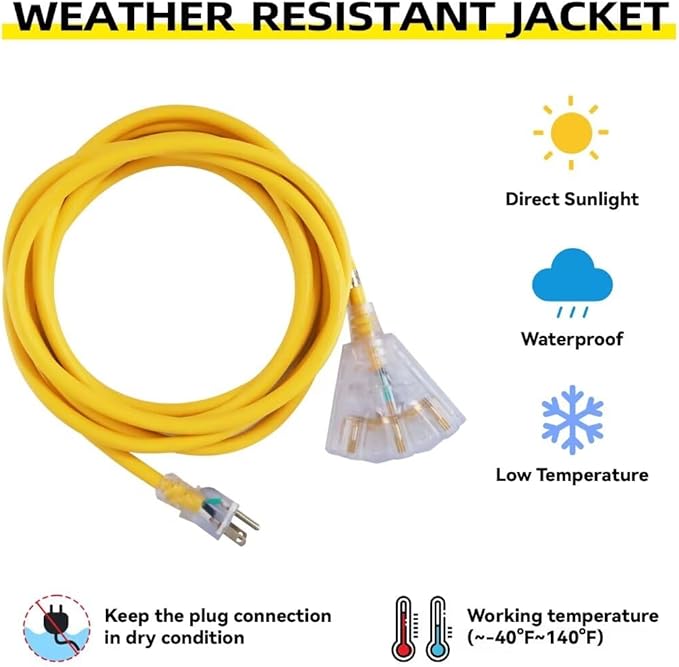 50 Ft Lighted Outdoor Extension Cord with 3 Electrical Power Outlets - 12/3 SJTW Heavy Duty Yellow Extension Cable with 3 Prong Grounded Plug for Safety, UL Listed