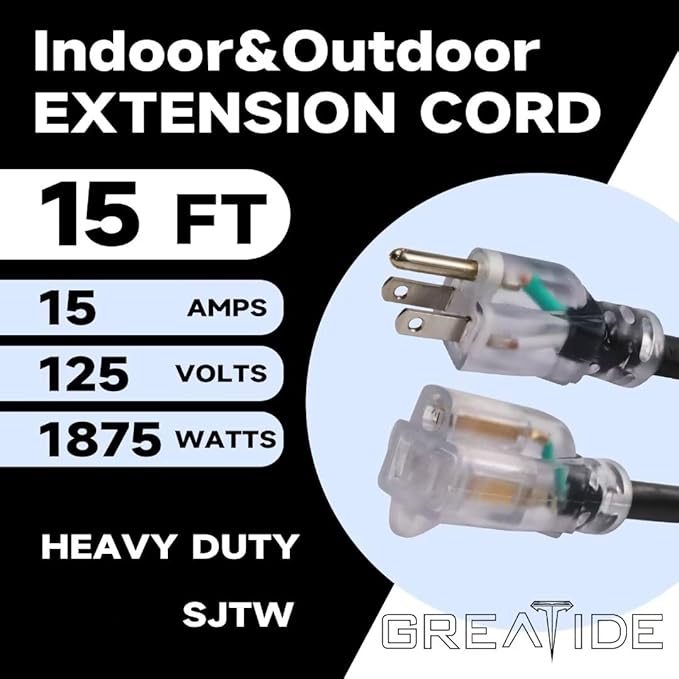 Outdoor Extension Cord with Lighted End, 12 Gauge Heavy Duty 15 FT, 3 Prong Grounded 15 Amp Extension Cord, 12/3 SJTW Waterproof Power Cord for Appliance, Black