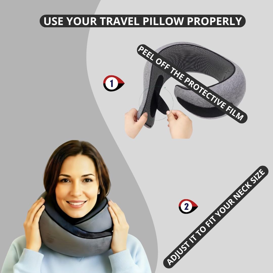 Neck Pillow | Compact Travel Pillows for Airplanes, Car Trips and Home Comfort| Foldable Memory Foam Neck Support | Size Adjustable for Adults and Kids | Lightweight (0.60 Pounds) and U-Shape Design