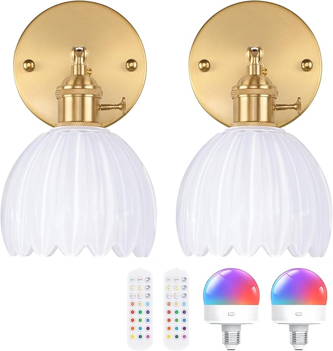 Vintage Battery Operated Wall Sconce with White Tulip Glass Lampshade Rechargeable Battery Powered Wall Light with Remote Control for Bedside Bedroom Doorway, Set of 2