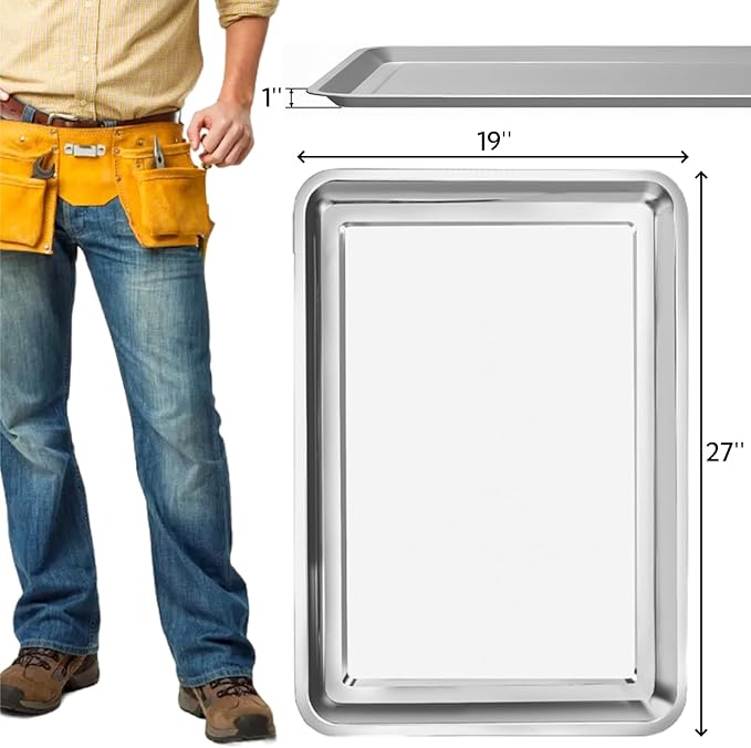 2 Pack Stainless Steel Oil Drip Pan, 27''L x 19''W Metal Oil Change Tray for Under Car, Large Automative Oil Catch Mat Replacement for Fluid Grease Dripping, Keep Floor Clean
