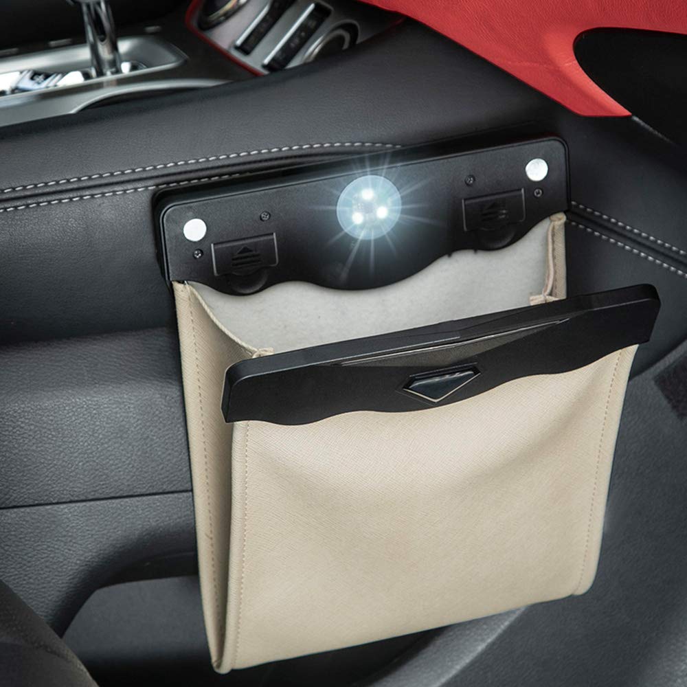 Smart LED Car Trash Can Waterproof Garbage Bag Passenger Side Artificial Leather Storage Pocket Leak Proof Reusable Traveling Portable Offices Toilet Garbage Cans Back Seat Hanging (Beige-1pack)