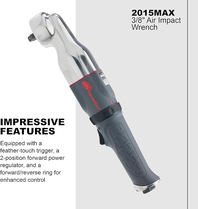 Ingersoll Rand 2015MAX 3/8" Pneumatic Air Impact Wrench, Right Angle, Low Profile 2” Hammerhead, 180 ft lbs Max Torque, 7,100 rpm, Two-Position Power Regulator, Gray