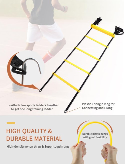 GHB Agility Ladder - Speed Training Workout Ladder with 12 Rungs, 20ft Length & 6/10 Cones