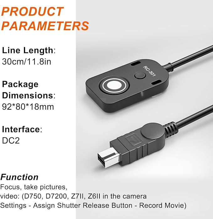 for NK Remote Cable RC301-DC2 Small Shutter Release Remote controlDF, Z5.Z6.Z6II