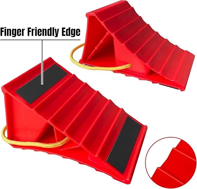 HOXWELL 2 Pair Wheel Chocks for Travel Trailers, Non Slip Heavy Duty Red Wheel Chock with Rope, Lightweight Wheel Stoppers for Cars Campers Trucks RVs, Easy to Carry & Suitable for Most Tyre Sizes