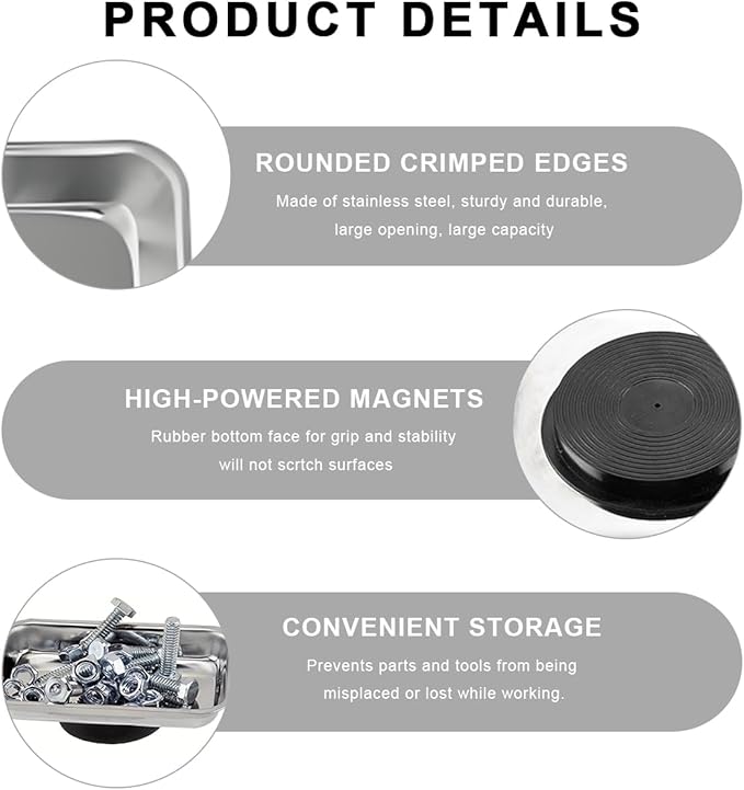 2 PCS Magnetic Parts Tray Set, Stainless Steel 9.4"×5.4" Square and 4" Round Magnetic Trays, Mechanic Tool Tray Holder for Screw, Sockets, Bolts, Nuts, Small Metal Parts