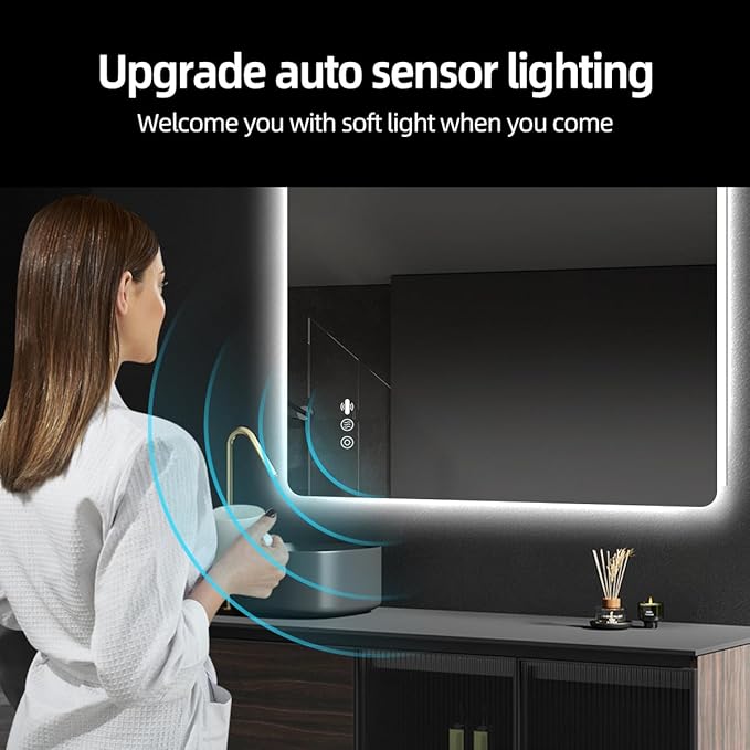 40 x 32 LED Bathroom Mirror, Frameless Rounded Corner Rectangle Backlit Mirror Bathroom, Anti-Fog, 3-Color Stepless Dimmable Lighted Mirror, Motion Sensor Lights, Memory Function
