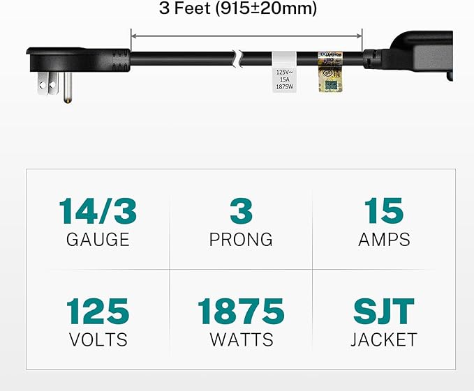 FIRMERST 1875W Flat Plug Extension Cord 3 Feet 14 AWG 15A Black, UL Listed