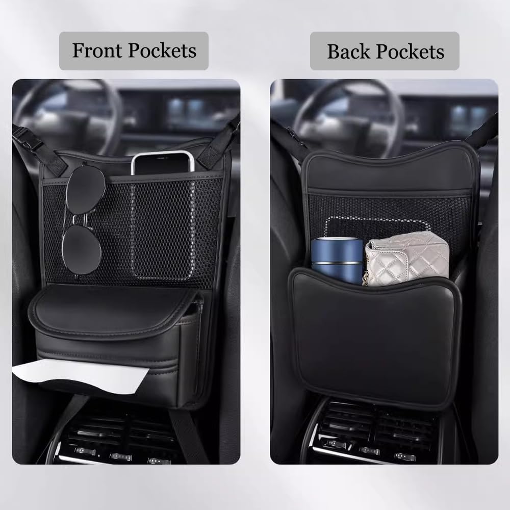 Car Purse Holder Between Seats Car Organizer, Leather Large Capacity Car Handbag Holder for Front Seat, Seat Back Net Bag Double-sided Tissue Storage Handbag Holder Car Accessories (Brown)
