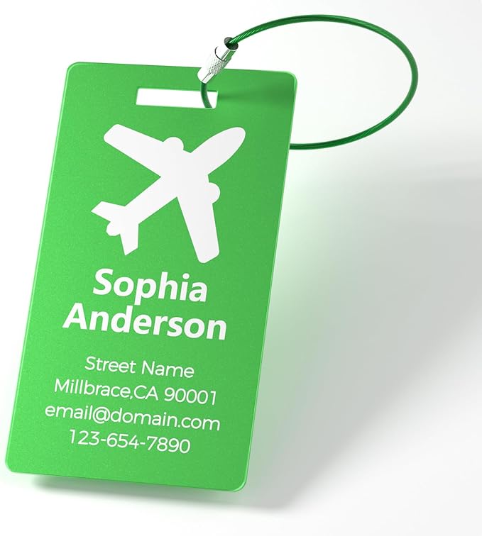4 Personalized Metal Luggage Tags for Suitcase, Laser Engraved with Text and Logo, Custom Aluminum Name Tags with Stainless Steel Ring, for Travel, Golf Bag, and Baggage (Pink)