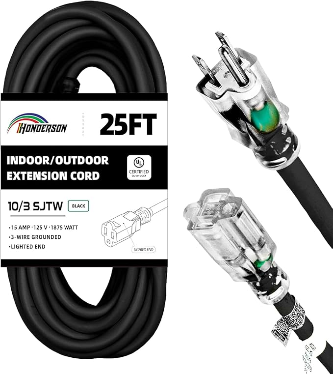 Indoor Outdoor Extension Cord Weatherproof with Lighted End, UL Certified, 10 Gauge 25FT Black 3 Prong Heavy Duty, 10/3 SJTW 15A Power Cord for Outdoor Lights, Lawn