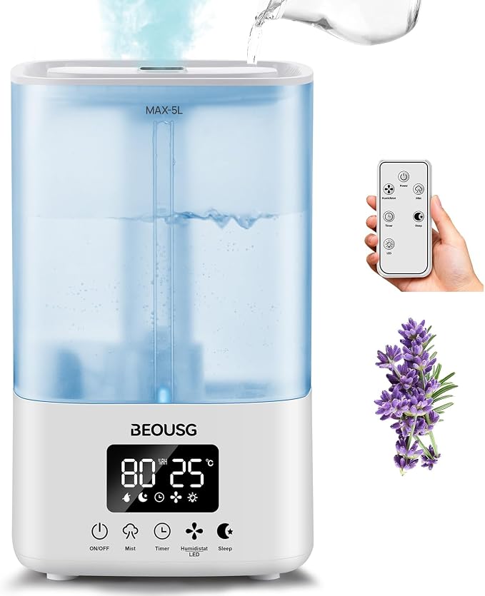 5L Top Fill Ultrasonic Humidifier,Cool Mist Humidifiers with Timer & Humidity Control for Bedroom, Baby, Large Rooms & Plants (White)