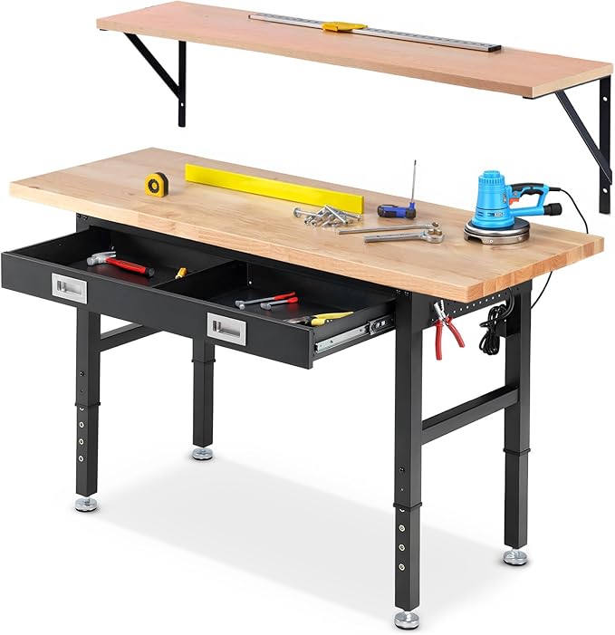 ENJOYWOOD 60" x 22" Heavy Duty Workbench Adjustable Height Garage Work Table with Solid Rubberwood Top, Drawer & Power Outlets for Workshop, Home & Office