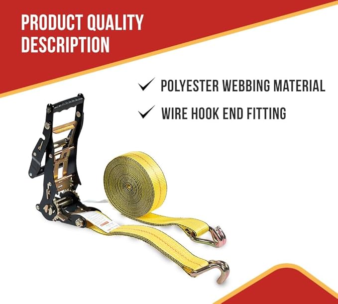 Mytee Products 2 Pack 2"x27' Yellow Ratchet Strap with J Hooks- 10,000 Lbs Breaking Strength -Heavy Duty Tie Down Large Bar Handle and Cargo Straps with Wire Hooks for Flatbed, Truck, Trailers Pickup